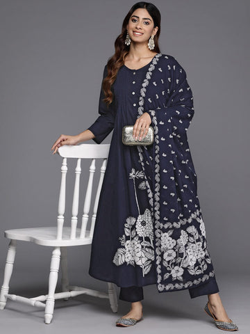 Varanga Women Blue Floral Printed Kurta With Bottom And Dupatta
